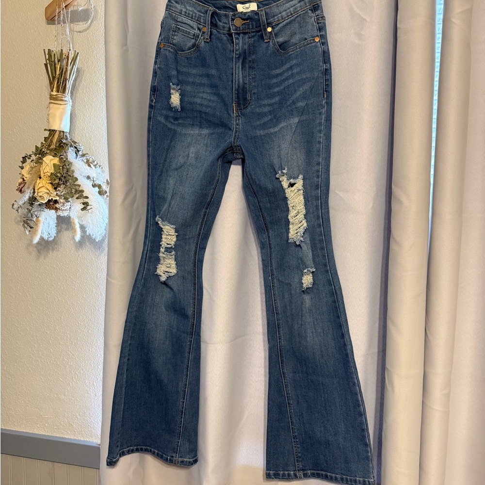 Easel Distressed Blue Flare Jeans